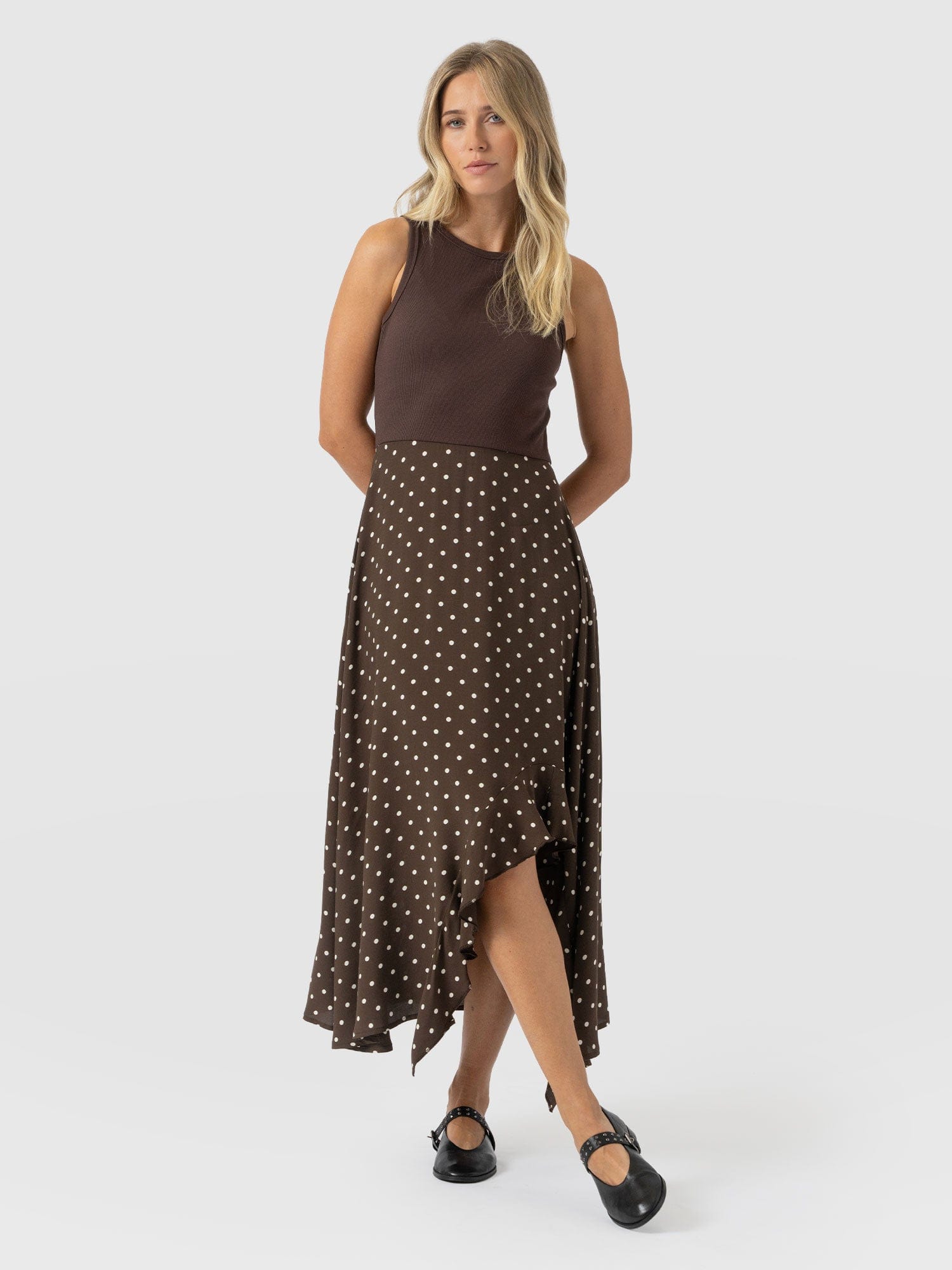 Renee Contrast Frill Dress - Brown Polka Dot - Women's Dresses | Saint + Sofia® EU